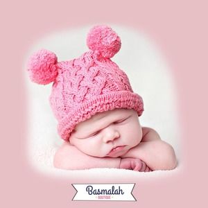 Organic Cotton Pink Two Pom Hat for Children Infant Newborns Babies Baby Hats